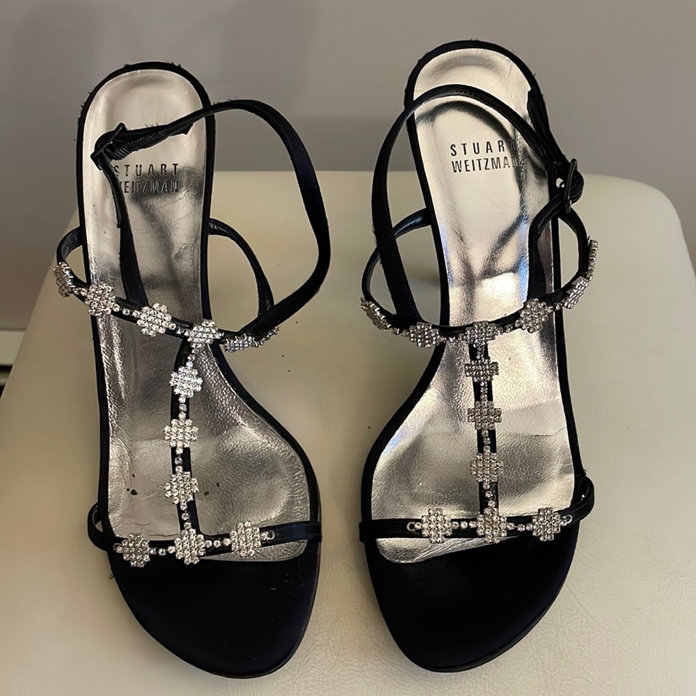 Stuart Weitzman black satin and crystal sandals size 7M. 4 -1/2”heel